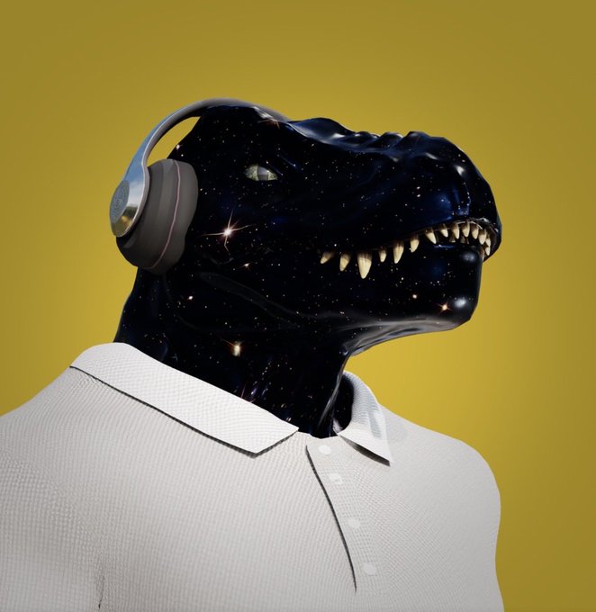 A 3D digital artwork featuring a dinosaur head with a galaxy/starry pattern wearing wireless headphones and a white polo shirt against a yellow background.
