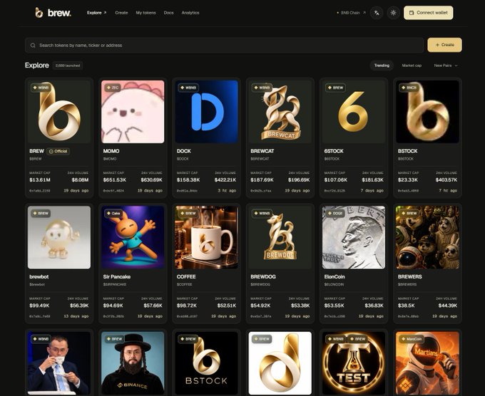 The image shows the "brew" token launchpad website (brewchain.org), displaying a grid of newly launched meme coins including $BREW ($1.61M market cap), $MOMO, $DOCK, $BREWCAT, and others, each with mint dates from late December 2024—visually confirming the post's criticism that the platform appears hastily assembled with AI-generated tokens flooding the "Explore" section.