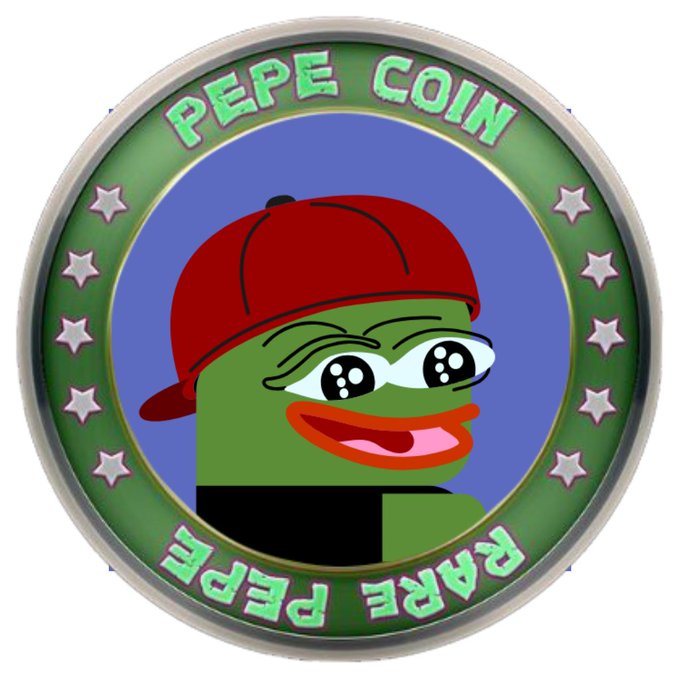 A coin design labeled 'PEPE COIN' and 'RARE PEPE' featuring the classic Pepe the Frog character wearing a red backwards baseball cap.