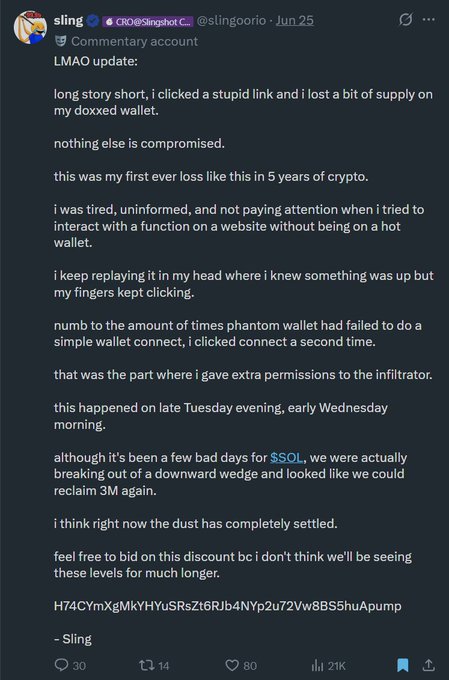 A screenshot of a tweet from crypto commentator Sling (@slingoorio) dated June 25 explaining that he clicked a malicious link and lost some $LMAO tokens from his doxxed wallet, while noting that he believes the token is breaking out of a downward wedge and could reclaim 3M. The accompanying post reveals that the $LMAO drain was actually part of a larger scheme involving 384+ victims and over $1M stolen.
