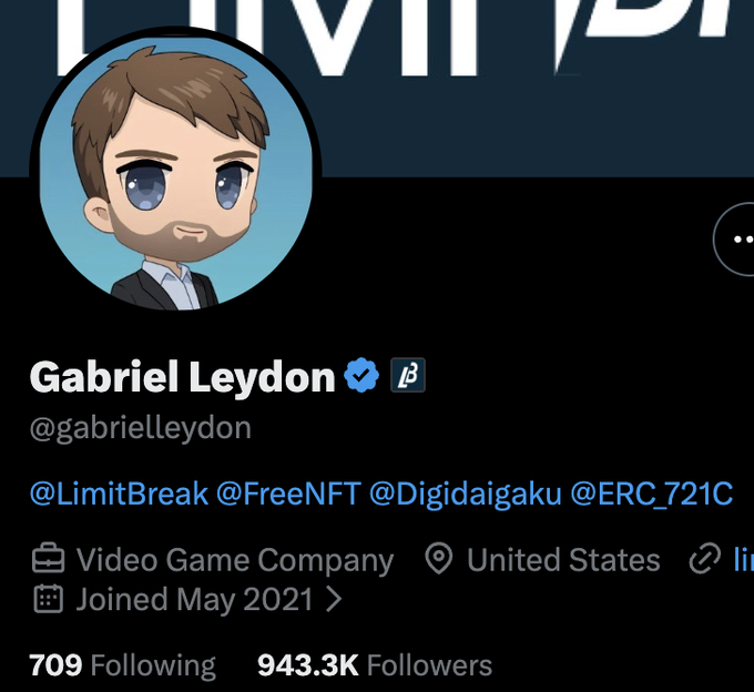 The image displays Gabriel Leydon's (@gabrielleydon) X profile, showing he works at a Video Game Company in the United States, has 943.3K followers, and is associated with @LimitBreak, @FreeNFT, @Digidaigaku, and @ERC_721C. This relates to the post identifying him as the figure behind a $7M Super Bowl QR code ad who became linked to the largest hack in NFT history, resulting in over 23,155 NFTs worth $5.7M+ being compromised.