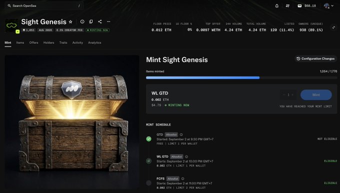 A screenshot of the OpenSea NFT marketplace showing a 'Mint Sight Genesis' page featuring a glowing treasure chest with a 1,054/1,275 progress bar and mint schedule details.