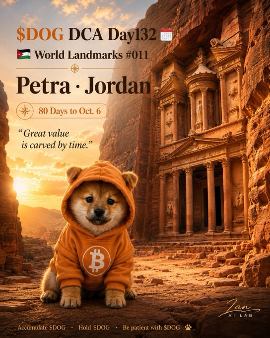 A travel-themed promotional image titled '$DOG DCA Day 132 - World Landmarks #011 - Petra, Jordan' showing the Bitcoin hoodie-wearing Shiba Inu in front of the ancient Petra ruins, with the quote 'Great value is carved by time' and tagline 'Accumulate $DOG · Hold $DOG · Be patient with $DOG'.