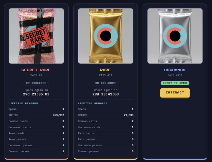 A user interface displaying three digital card packs labeled 'SECRET RARE', 'RARE', and 'UNCOMMON' with cooldown timers, except for the 'Uncommon' pack which shows an 'INTERACT' button.