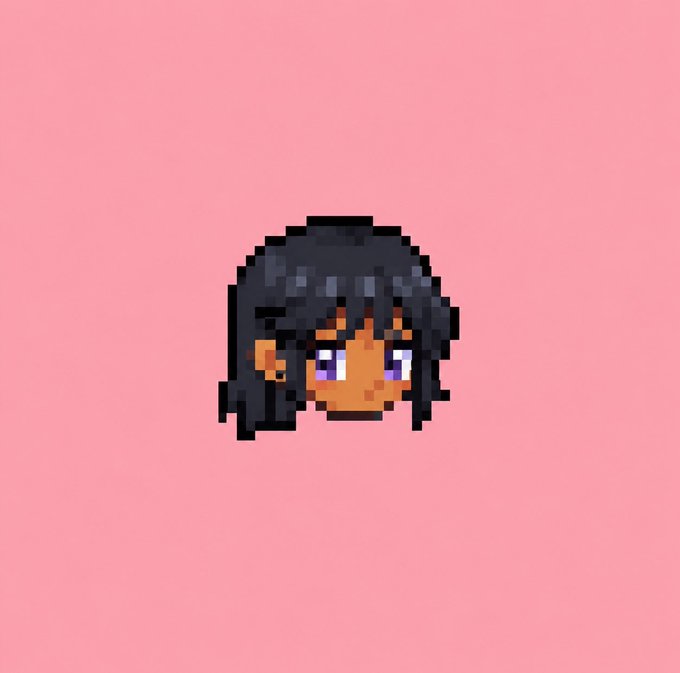 Pixel art portrait of a character with dark skin, dark hair in a ponytail, and purple eyes against a pink background.