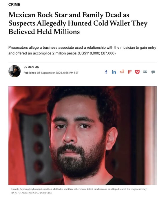 A news article headlined "Mexican Rock Star and Family Dead as Suspects Allegedly Hunted Cold Wallet They Believed Held Millions" by Dani Oh, dated 08 September 2026, detailing the alleged murder of Camilo Séptimo keyboardist Jonathan Meléndez and three others in Mexico.