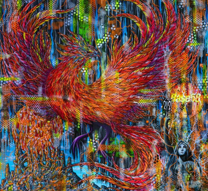 A vivid, colorful street-art style painting depicts a fiery red and orange phoenix rising among abstract figures, with the artist signature 'sasan' visible on the right side.