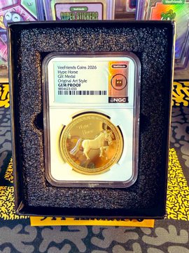 A graded NGC coin featuring a galloping horse in a presentation box; the label reads 'VoorNels Coins 2026 Hyper Horse GLC Hong... Original Au Style GEM PROOF'.