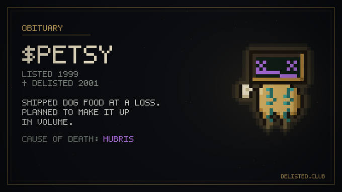 An obituary graphic for 'PETSY' listing it as listed in 1999 and delisted in 2001, with cause of death given as 'HUBRIS'.