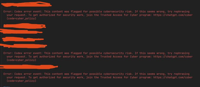 A dark-themed screenshot showing repeated 'Codex error event' messages stating content was flagged for possible cybersecurity risk, with red redaction marks covering parts of the text.
