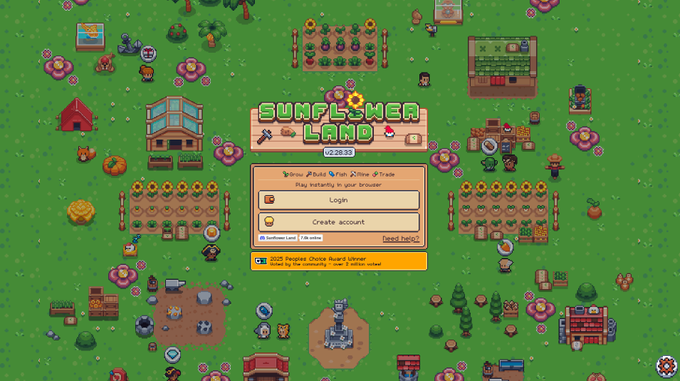 A pixel art farming simulation game titled 'SUNFLOWER LAND' showing a colorful isometric view with crops, buildings, and a login/create account menu.
