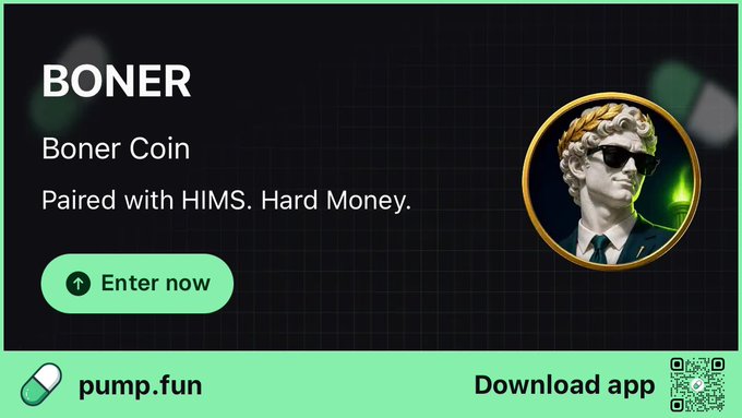 An advertisement banner for 'BONER' (Boner Coin) on pump.fun, with the slogan 'Paired with HIMS. Hard Money.' featuring a classical bust wearing sunglasses.