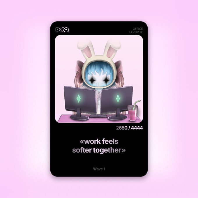 A digital collectible card depicting an anime character with bunny ears working at dual monitors, labeled 'OFFICE FAVORITE', numbered '2650 / 4444', and titled '«work feels softer together» Wave 1'.