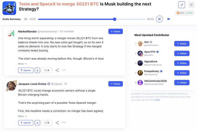 A MarketRender audio-summary screen is titled “Tesla and SpaceX to merge 30,221 BTC: Is Musk building the next Strategy?” Posts discuss Tesla holding 11,509 BTC and SpaceX 18,712 BTC, totaling 30,221 BTC, while emphasizing that no merger has been agreed and no new buying announced.