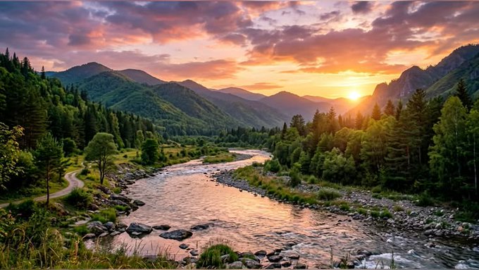 Scenic landscape photograph of a river flowing through a lush green mountain valley at sunset, with a dirt path along the riverbank and dramatic orange clouds in the sky.