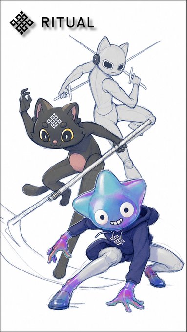 Anime-style artwork labeled 'RITUAL' featuring three cat-like humanoid characters in dynamic poses, including a black cat, a white cat, and an iridescent blue figure.