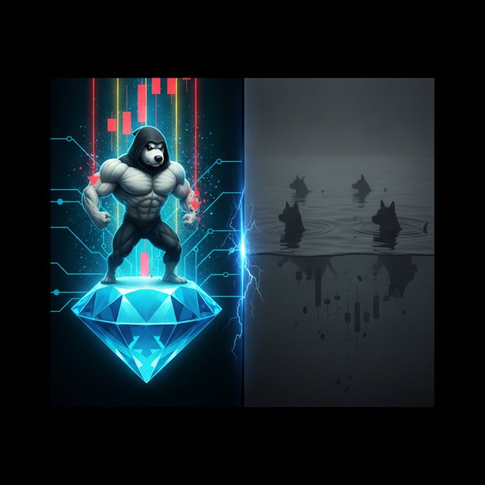 A split digital artwork showing a muscular anthropomorphic bear figure standing on a glowing blue diamond with candlestick charts and circuit patterns on the left, contrasted with silhouettes of bears in water with falling charts on the right.