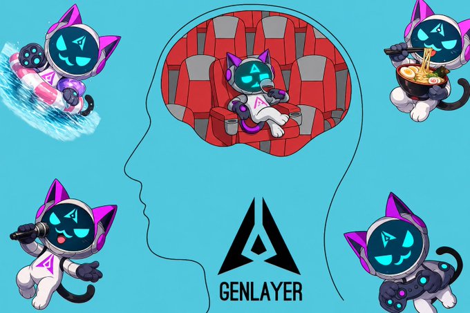 An illustration features a cat-like character with a digital face in five different poses (surfboarding, relaxing in a chair, eating ramen, singing, and gaming), with the 'GENLAYER' logo displayed in the center against a light blue background.