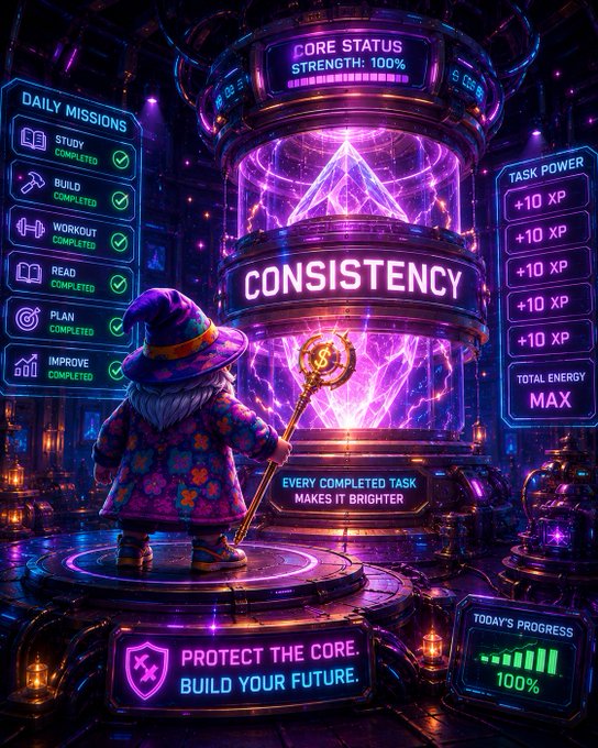 A fantasy wizard character stands before a glowing purple portal labeled 'CONSISTENCY,' surrounded by HUD-style panels showing 'CORE STATUS STRENGTH: 100%,' 'DAILY MISSIONS' with completed tasks (STUDY, BUILD, WORKOUT, READ, PLAN, IMPROVE), 'TASK POWER' XP gains, and the message 'PROTECT THE CORE. BUILD YOUR FUTURE.'