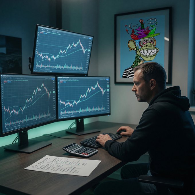 A man in a black hoodie sits at a desk with three monitors displaying stock charts, with handwritten notes and a framed cartoon image on the wall behind him.