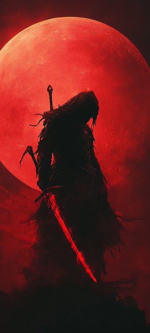 The image features a black silhouette of a person holding a sword against a red background with a full moon visible behind them, creating an eerie atmosphere. The caption reads "Good Night Legends Whatever you need to do this night, do it. Avoid procrastination Don't let people down Don'let yourself down. Tomorrow $STKR". This post seems to be promoting the idea of taking action and not letting laziness or procrastination hold one back from their goals.
