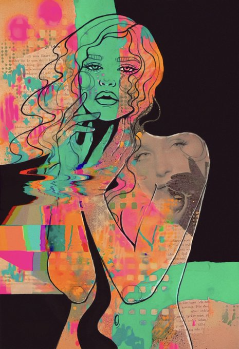 A vibrant pop-art style illustration of a woman with flowing hair, featuring bold colors of green, orange, pink, and black with collage elements.