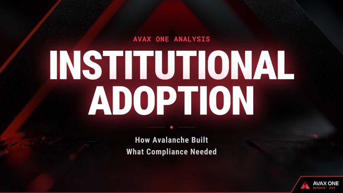 The image features a banner with red text that reads "Institutional Adoption". The background of the image is black, but there are some red lights shining through, creating a striking contrast against the darkness. The banner also includes a link to Avalanche One Analysis, which suggests that this content might be related to the analysis or evaluation of institutional adoption in the context of cryptocurrency projects and blockchain technology.