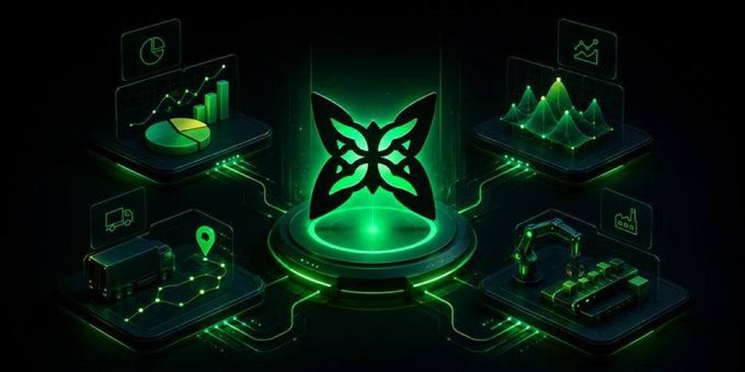 A glowing green butterfly emblem sits at the center of a circuit-patterned platform, surrounded by four holographic dashboards displaying analytics, logistics maps, and robotic systems. The image visually represents Quip Network's specialized enterprise layer, symbolizing how businesses can keep their proprietary data and quantum operations isolated from the broader open network.