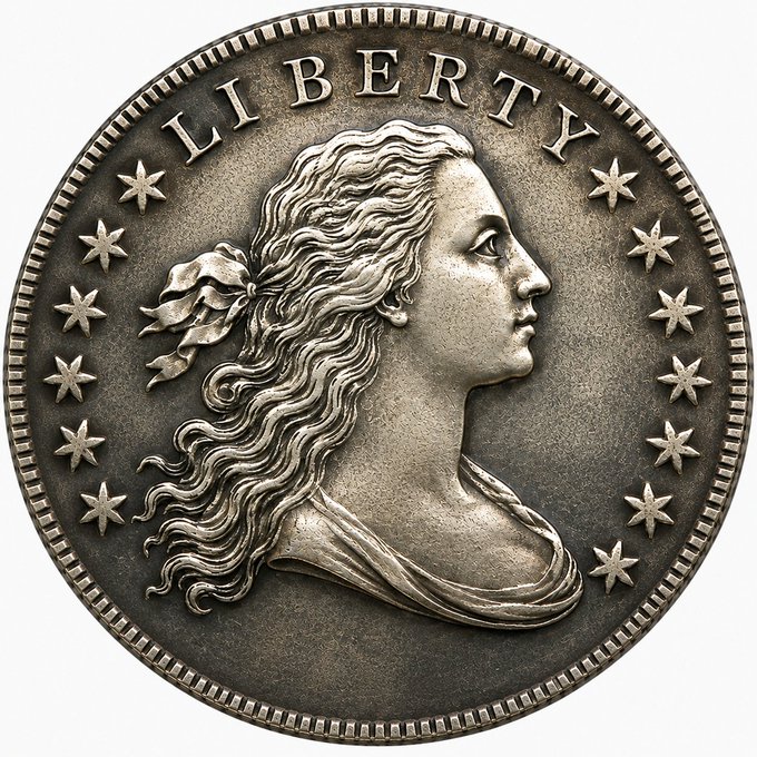 An antique silver coin features a detailed right-facing profile portrait of Liberty with flowing hair tied back, surrounded by stars and the word 'LIBERTY' at the top.