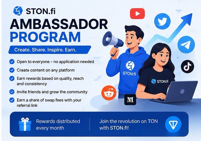The image features a poster for an Ambassador Program created by STON.fi. The poster includes a man holding a megaphone and a woman sitting at a laptop with a smile, surrounded by various social media icons such as Twitter, Instagram, and Facebook logos. The text on the poster highlights the program's purpose of creating content to inspire others, sharing it with friends and family, and inviting them to join the community for rewards distribution. The image also includes a reference to STON.fi's Road Ahead for TON DeFi, which emphasizes the importance of innovation and accessibility in the future of decentralized finance.