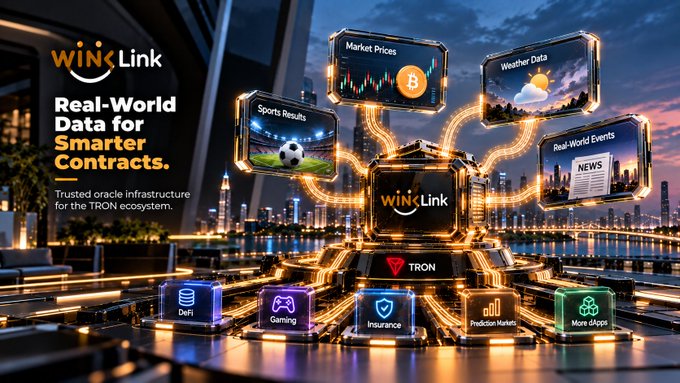Another WinLink promotional graphic titled 'Real-World Data for Smarter Contracts,' highlighting data types like Market Prices, Sports Results, and Weather Data, alongside use cases like DeFi, Gaming, and Insurance.