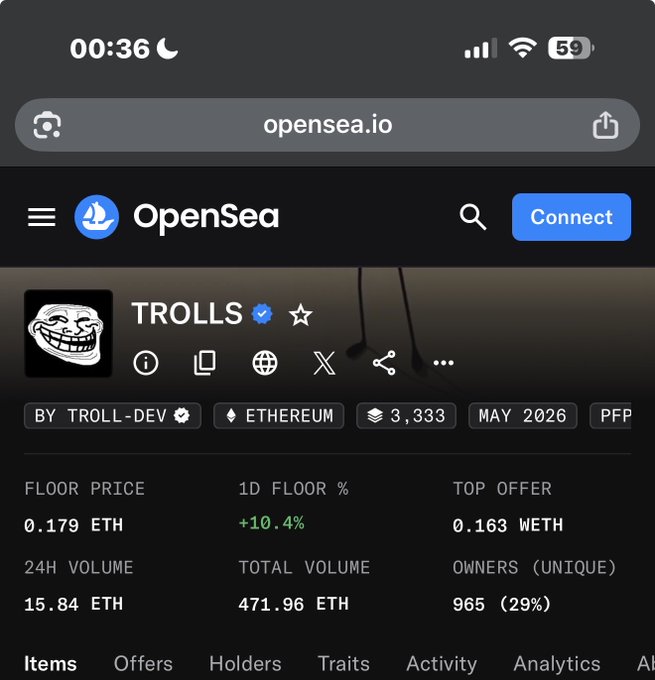 A screenshot of OpenSea (opensea.io) displaying the TROLLS NFT collection with a floor price of 0.179 ETH (+10.4% 1D) and 24h volume of 15.84 ETH, supporting the user's post about buying the dip on the Trolls collection.
