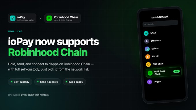 An advertisement for ioPay wallet announcing support for Robinhood Chain, featuring a phone interface showing available networks including IoTeX, Ethereum, Solana, Bitcoin, BNB Chain, Robinhood Chain, and Polygon.