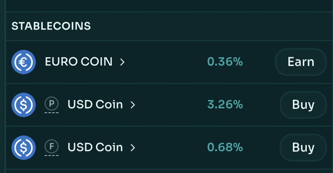 A dark-themed 'STABLECOINS' section displays three entries: EURO COIN at 0.36% with an 'Earn' button, USD Coin (P) at 3.26% with a 'Buy' button, and USD Coin (F) at 0.68% with a 'Buy' button.