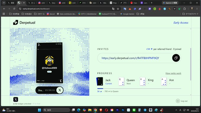 A browser screenshot of "Derpetual Early Access" shows a Jack of Spades playing card NFT profile for @Hohoo4989, with a progress bar ranking the user 58 points away from Queen.