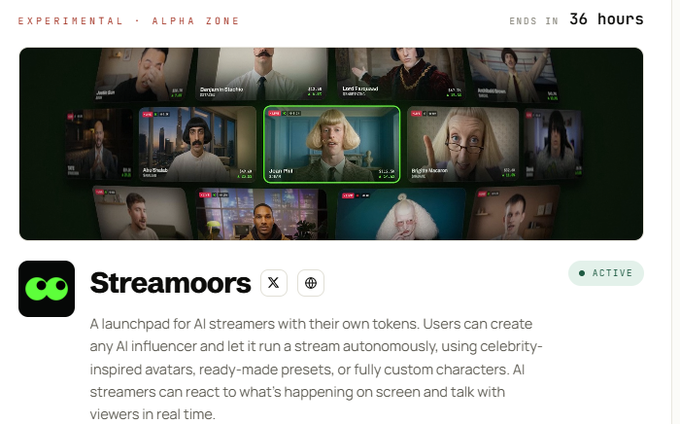 A promotional webpage screenshot for "Streamoors," an experimental alpha zone launchpad for AI streamers with their own tokens, showing a grid of diverse AI avatar streamers including characters labeled "Liam Ph1" and "Brianna Moreau," marked as "ACTIVE" with 36 hours remaining.