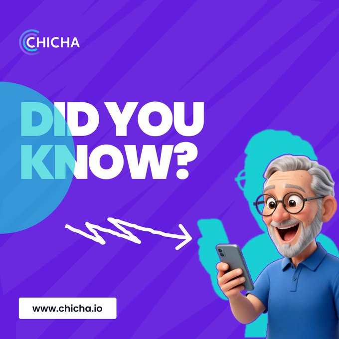 A purple graphic for CHICHA displays 'DID YOU KNOW?' next to an animated older man holding a smartphone, with the URL www.chicha.io.