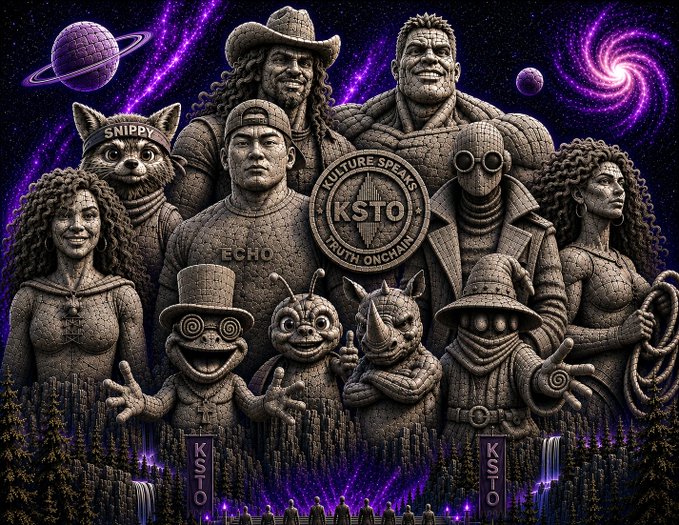 The image features a group of people, including statues of humans and animals, standing together against a purple backdrop with stars. The text "KSTO CORE" is visible, which could be related to an organization or group that focuses on community service and environmental sustainability. The people in the image are depicted as diverse, showcasing different backgrounds and stories. They appear to be united by their shared values and commitment to making a positive impact on the world around them.