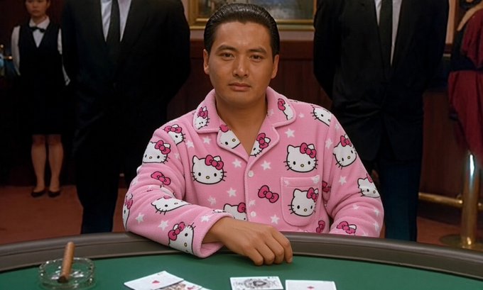A man in a pink Hello Kitty pajamas sits at a poker table, creating a humorous contrast between his serious demeanor and the playful outfit. The image ties to the "$KITTY" post through the Hello Kitty theme, suggesting a playful bet on the meme token.