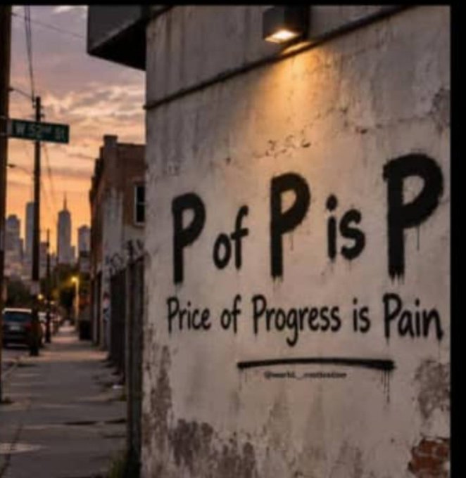 Urban street scene at sunset with graffiti on a concrete wall reading 'P of P is P' and 'Price of Progress is Pain,' with a city skyline visible in the background near W 52nd St.