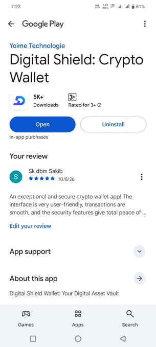 A Google Play Store screenshot showing the app 'Digital Shield: Crypto Wallet' by Yoime Technology with 5K+ downloads, a 5-star review by Sk dbm Sakib calling it 'An exceptional and secure crypto wallet app!'