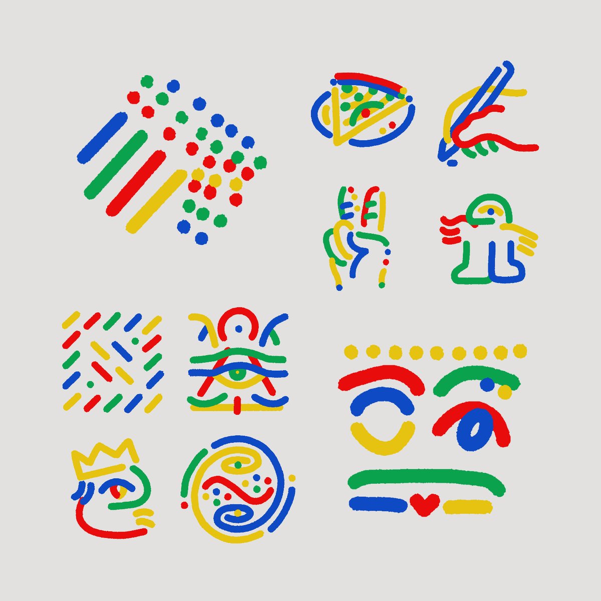 The image features a collection of twelve different logos, each with its unique design and color scheme. The logos include various symbols such as eyes, hearts, peace signs, pizza slices, and other abstract shapes. These logos are arranged in four rows of three, showcasing a diverse range of colors and styles. The post also mentions that the artist behind these logos is Efdot Studio, which adds to the uniqueness and creativity of this collection.