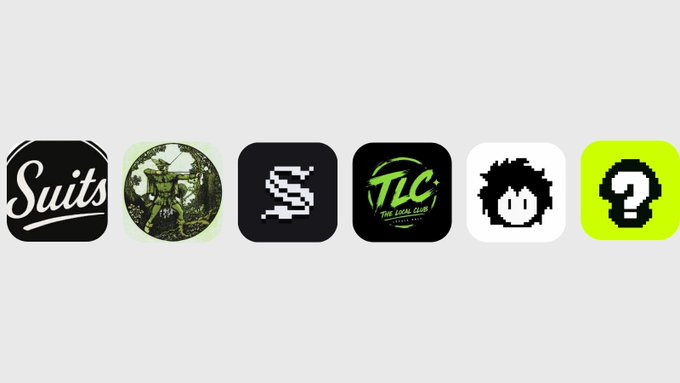 Six Robinhood NFT collection icons displayed in a row, featuring "Suits," a green character figure, a pixelated "S," "TLC The Local Club," a pixelated white logo, and a green question mark icon. The lineup represents the NFT collections highlighted in the post as the author's early bullish picks on Robinhood's NFT marketplace.