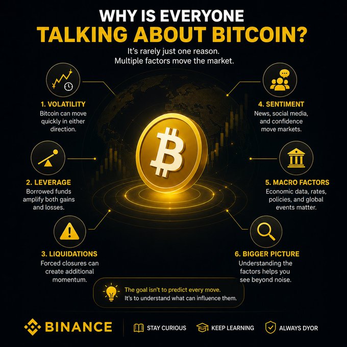 The image is an infographic featuring a coin with the word "Bitcoin" in large letters at the center. The background of the image is black, making the Bitcoin logo stand out prominently. The infographic provides information about the factors that make Bitcoin a popular cryptocurrency and why people are talking about it this week.