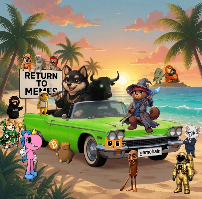 A colorful digital illustration on a tropical beach at sunset features various crypto and meme characters, including a doge driving a green convertible, a wizard cat with a staff, a black bull, a pink unicorn, and a figure holding a "RETURN TO MEMES" sign, with "gemchain" on the license plate and a Bitcoin logo visible.