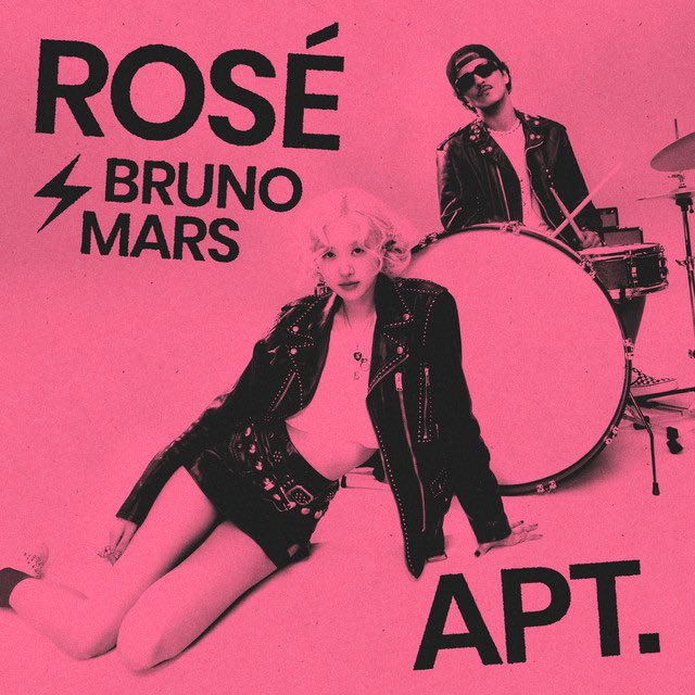 Album/single cover art for 'APT.' by ROSÉ and Bruno Mars, featuring a pink-toned image of ROSÉ kneeling in front and Bruno Mars playing drums behind her.