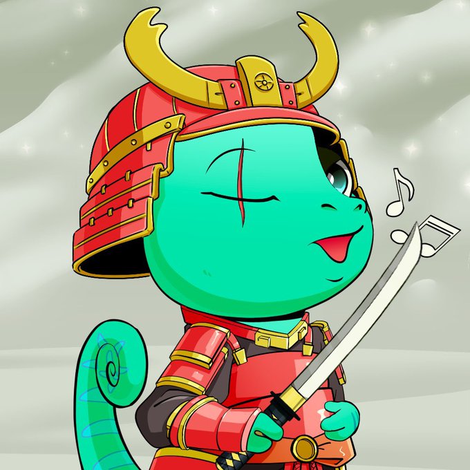 An anime-style illustration of a green chameleon wearing red samurai armor and a horned helmet, holding a katana and appearing to sing with musical notes floating nearby.
