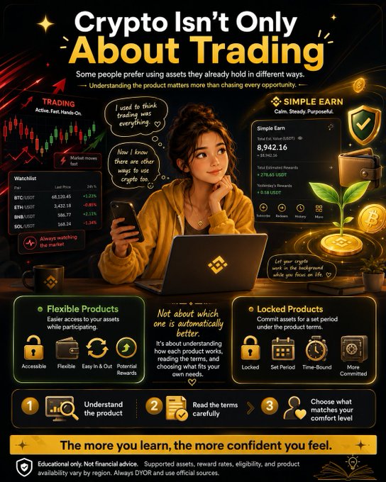 A promotional infographic titled 'Crypto Isn't Only About Trading' featuring an illustrated woman using a laptop and phone, comparing 'Flexible Products' like Simple Earn ($8,942.16) with 'Locked Products' and including a disclaimer that it's educational only, not financial advice.