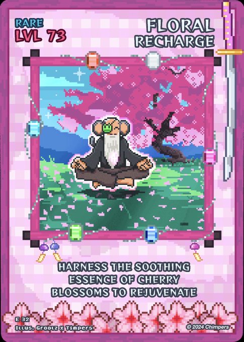 A pixel art trading card titled 'FLORAL RECHARGE' marked RARE LVL 73, depicting a meditating monkey with green glasses under a cherry blossom tree, with text reading 'HARNESS THE SOOTHING ESSENCE OF CHERRY BLOSSOMS TO REJUVENATE' and credits '©2024 Chimpers'.