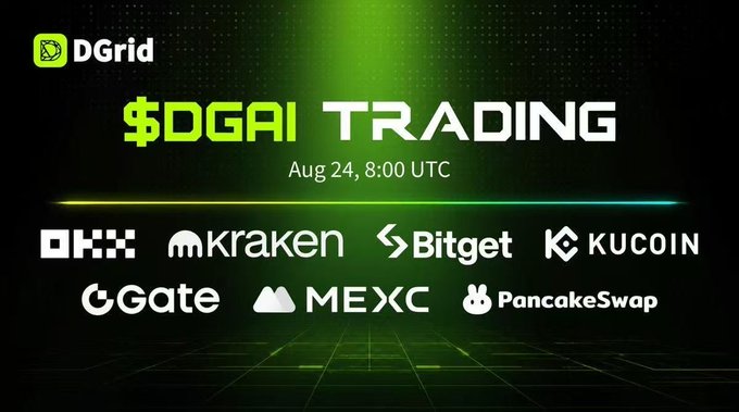 A promotional graphic announcing '$DGAI TRADING' on DGrid, launching Aug 24, 8:00 UTC, with logos for OKX, Kraken, Bitget, KuCoin, Gate, MEXC, and PancakeSwap displayed below.